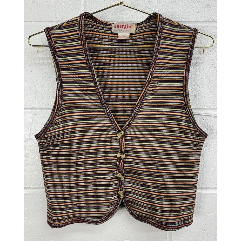 VTG 80s energie bi currants Rainbow Blanket Festival Hippie Boho‎ Button Vest S